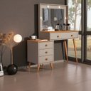 Ver imagem 1 de Penteadeira Camarim Ágata 4 Gavetas Espelho Luz Led Pés Madeira Maciça:gris/nature