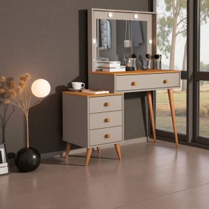 Penteadeira Camarim Ágata 4 Gavetas Espelho Luz Led Pés Madeira Maciça:gris/nature