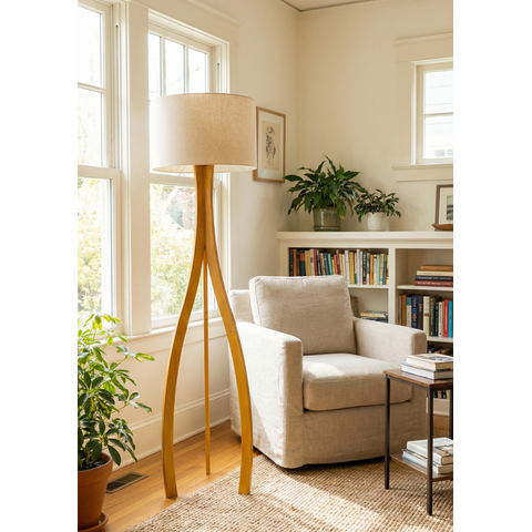 Luminária Coluna de Piso Ipanema Desmontável em Madeira com Cupula Algodão Cru