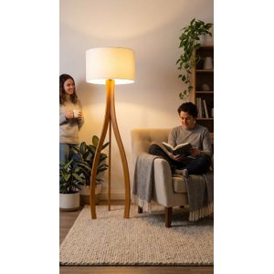 Luminária Coluna de Piso Ipanema Desmontável em Madeira com Cupula Algodão Cru