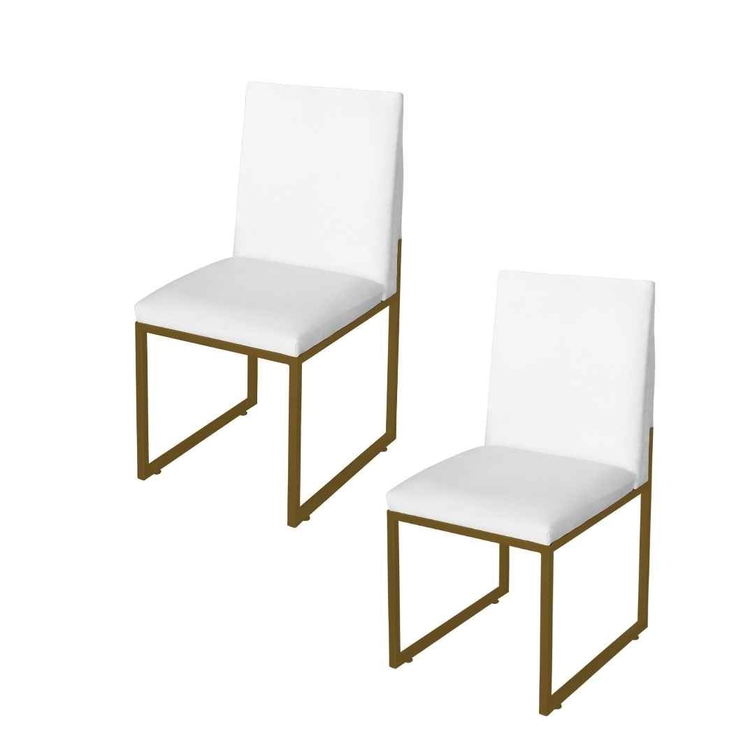 Kit 2 Cadeira de Jantar Escritorio Industrial Garden Ferro Dourado Corino Branco - Móveis Mafer