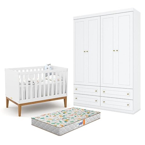 Berço Americano Unique Branco Soft Eco Wood - Matic e Guarda Roupa Infantil Americano 4 Porta Branco