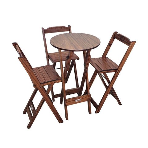 Conjunto Bistrô Mesa Dobrável de Madeira Redonda com 3 Banquetas Imbuia - Tarimatã