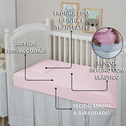 Lençol Berço Infantil Avulso com Elástico e Fronha 300 Fios 100% Algodão 1 Peça:rosa - 4