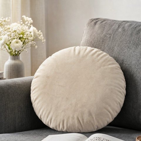 Almofada Redonda Veludo Premium 35cm Decorativa com Zíper e Enchimento - Bege