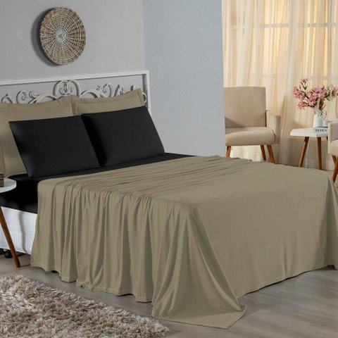 Jogo de Cama Casal Viúva Nobre 4 Peças Malha 100% Algodão - Avelã / Preto