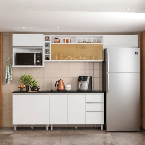 Cozinha Modulada Evidence 6 Peças com Aéreo de 120cm com Vidro Reflex Poliman Móveis