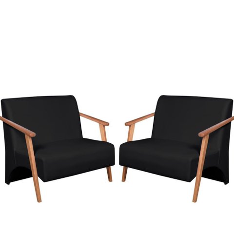 Kit 2 Poltronas Namoradeira Venus Braço Madeira Maciça Tecido Sintético Unidecor Preto