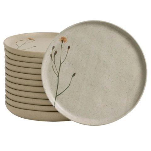 Jogo Mesa Posta 12 Pratos Rasos 27cm Cerâmica Decorada Bio Campestre Porto Brasil
