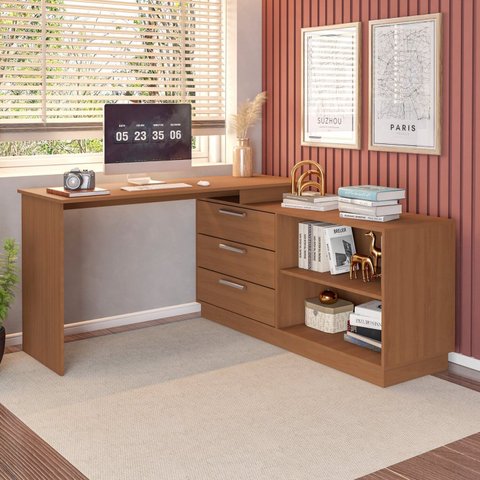 Mesa Escrivaninha com Cômoda com 3 Gavetas e 2 Nichos American Marrom/Freijó