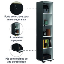 Armário Multiuso para Quarto com Chave e Rodízios 1 Porta Lune Preto J&a - 4