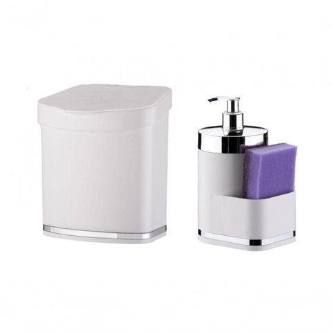Kit Cozinha 2 Peças Branco Future Lixeira e Porta Detergente Esponja