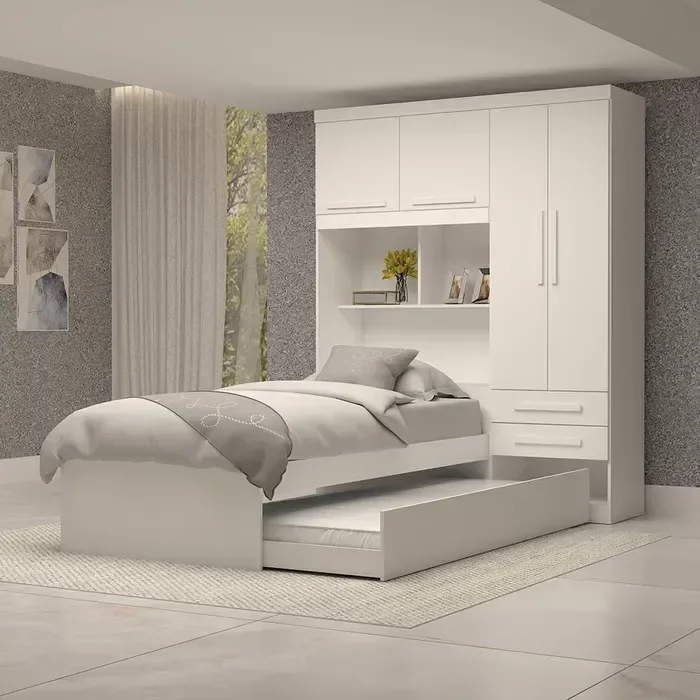 Ver imagem 2 de Quarto Solteiro Milena 4 Pts C/cama + Cama Auxiliar - Branco