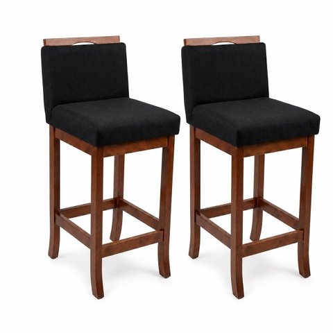Banqueta Alta Encosto Estofado 38 x 102 cm Turim Madeira Maciça Pinhão CCS Cor:Kit 2 Suede Preto
