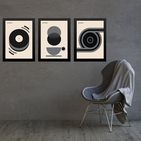 Kit 3 Quadros Artes Bauhaus Cinza e Preto Café Disco 33x24cm - com Vidro:moldura Preta