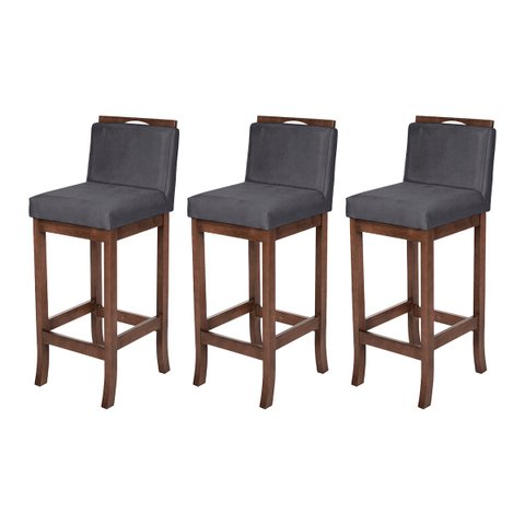Kit 3 Banquetas Alta para Balcão Turim Madeira Capuccino Suede Cinza CCS