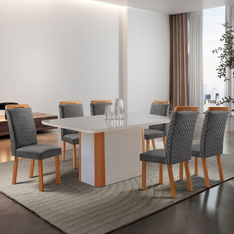 Mesa de Jantar Isadora 180cm Tampo MDF Vidro Canto Copo com 6 Cadeiras Aline