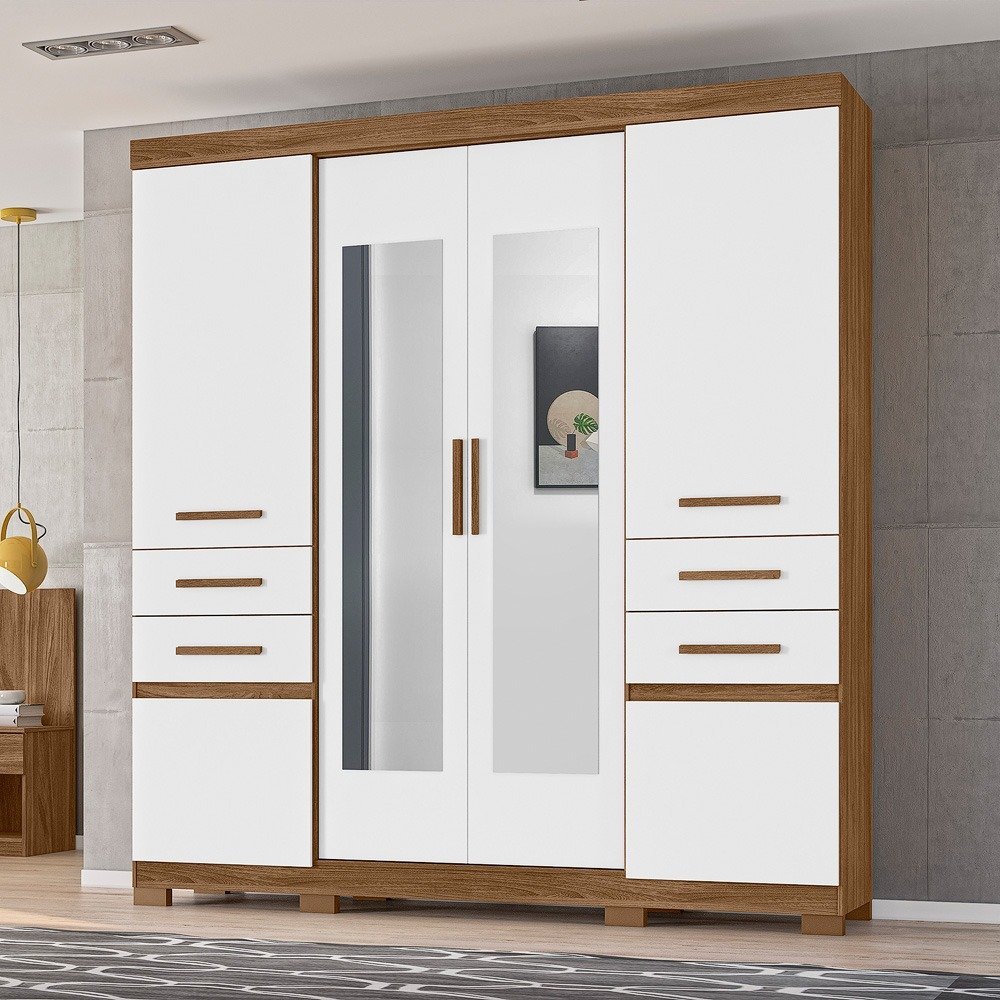 Guarda Roupa com Espelho 6 Portas 4 Gavetas Branco/Castanho Naturale