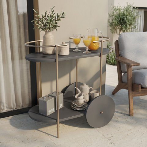 Carrinho Bar Multiuso Orla para Bebidas, Café, Bar, com Design Orgânico em Metal Dourado