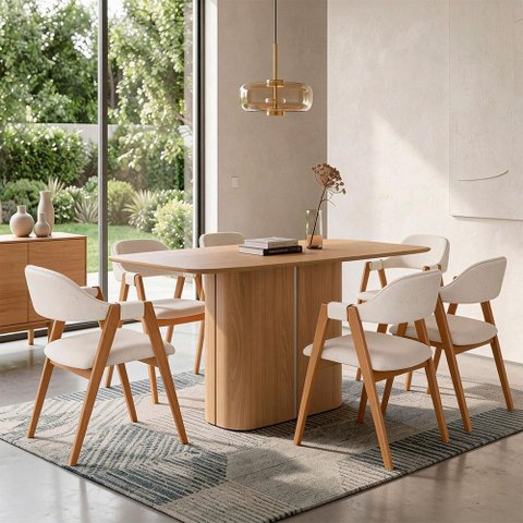 Mesa Retangular Verbena 160cm Ypê N01 com 6 Cadeiras Nadja Linho Cru - Lyam Decor
