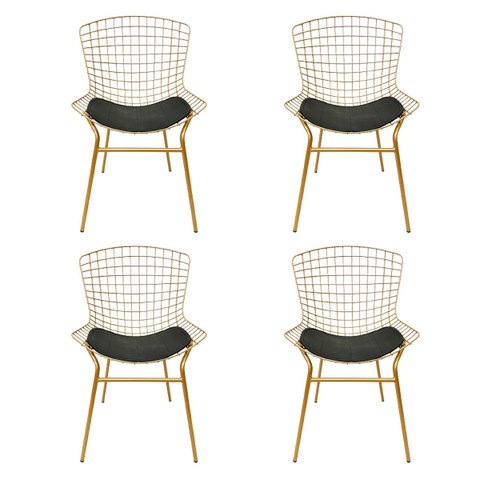 Cadeira para Cozinha Bertoia cor Dourado Fosco assento preto tubular 4 Peças Poltronas do Sul