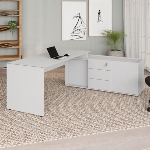 Mesa Diretor Dinâmica em L 2,00 m X 1,70 m com Tampo e Pés Painel Chanfrados e Armário Pedestal