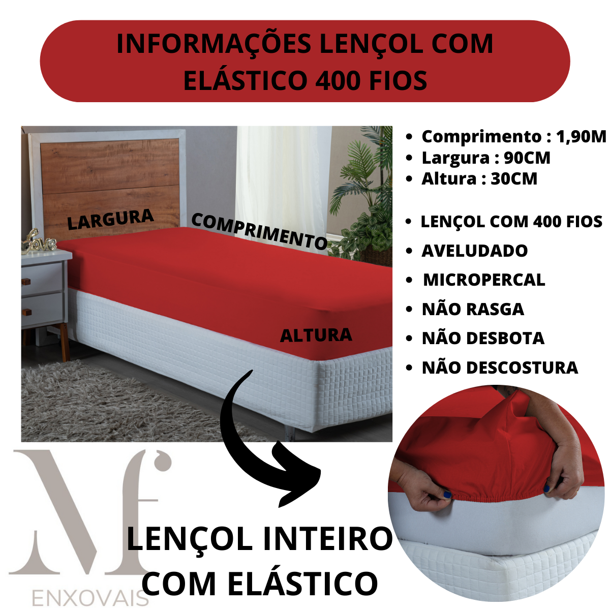 Lençol Solteiro Aveludado 400 Fios Cama Box e Infantil com Elástico Avulso:vermelho - 2