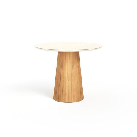 Mesa de Jantar Redonda 100cm Scandi 4 Lugares Lamina Natural de Madeira Off White Vidro