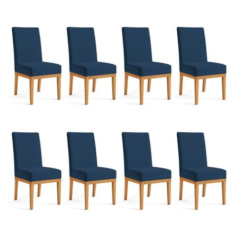Kit 8 Cadeiras de Jantar Brisa Veludo Azul Marinho Base de Madeira - Pallazio