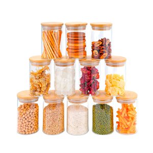 Kit com 12 Potes Herméticos de Vidro 250ml com Tampa de Bambu