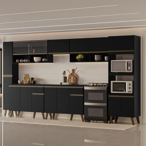 Armário de Cozinha Completa Atlanta Urban com Vidro Carraro Preto Touch