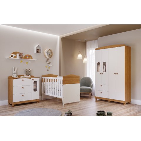 Kit Quarto do Bebê Berço Conforto com Comoda e Roupeiro Fofura Design Moderno Cor Branco/nature
