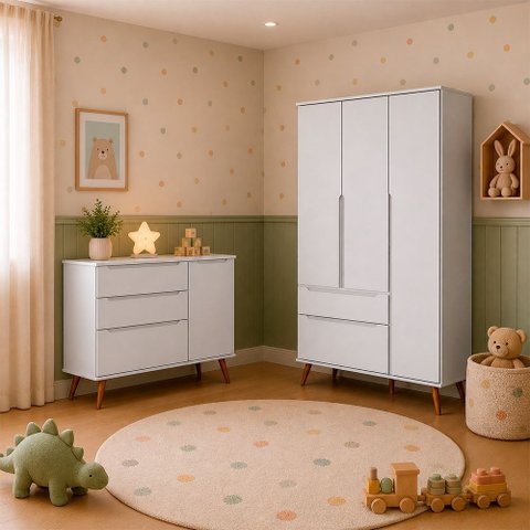 Conjunto Roupeiro e Cômoda Sapateira Infantil Retrô Melinda 100% MDF Quarto de Bebê Branco Phoenix