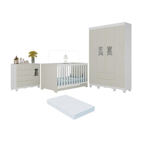 Quarto de Bebê Completo C/berço Americano 3 em 1 Colchão Ternura Multimóveis Mp4663 Branco/off