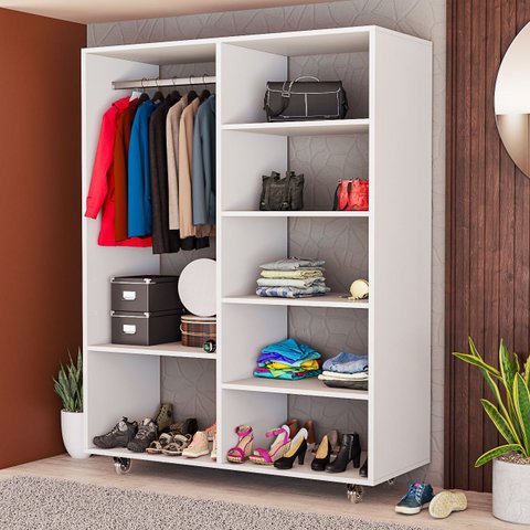 Closet Aberto Modular Branco com Cabideiro Prateleiras e Nichos Organizadores para Quarto