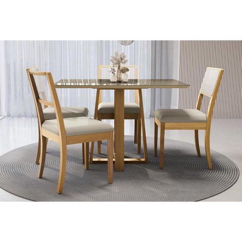 Sala Jantar Mesa Elma Premium Madeira Maciça C/ Tampo Madeirado C/ Vidro 120x80cm e 4 Cadeiras Lola