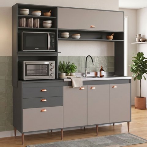 Cozinha Compacta 185cm com 6 Portas e 2 Gavetas Diva Cinza Grafite/Pátina