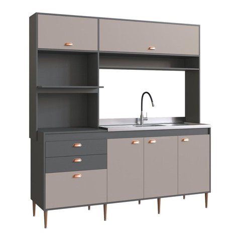 Cozinha Compacta 185cm com 6 Portas e 2 Gavetas Diva Cinza Grafite/Pátina