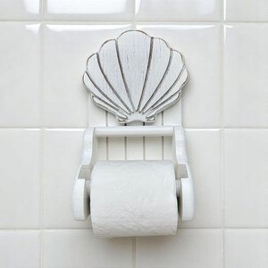 Porta Papel Higiênico Branco com Concha em Madeira