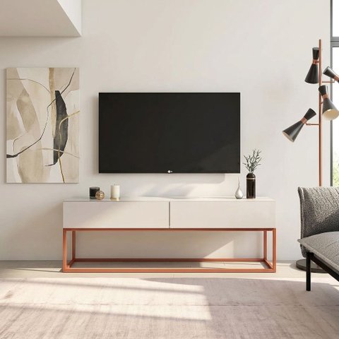 Rack Eros Estilo Industrial 140cm Sala Estar Off White/Cobre