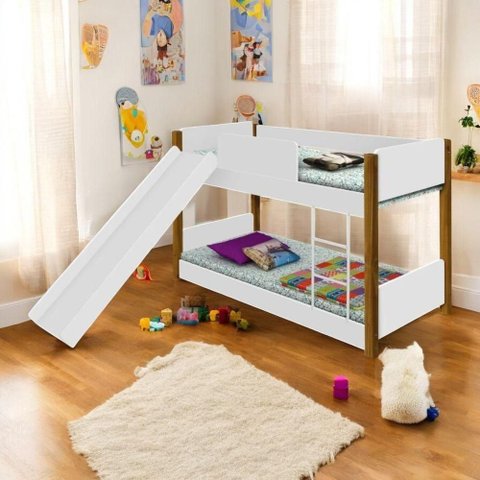 Beliche Infantil Casa do Lótus Montessoriana com Escorregador MDF Branco e Mel