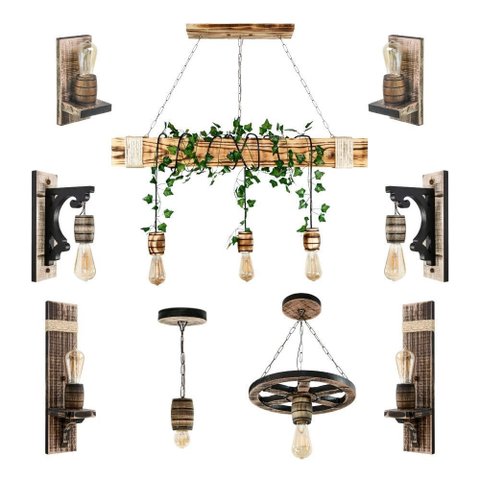 Kit Luminárias de Madeira Maciça - Modelos Barril, Roda de Carroça, Arandelas de Parede e Lustre