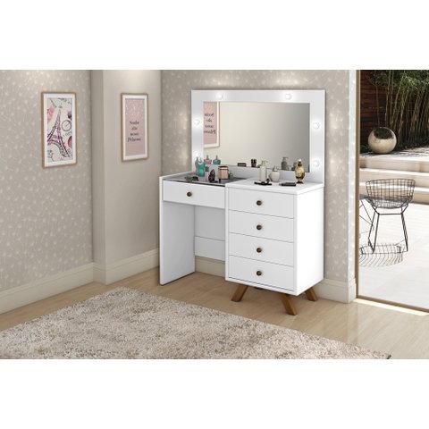 Penteadeira Camarim Luna 5 Gavetas Led Espelho Pés de Madeira Branco