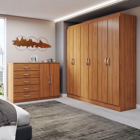 Guarda-roupa Luna 6 Portas 2 Gavetas com Cômoda 2 Portas 5 Gavetas Cinamomo - Panorama Móveis