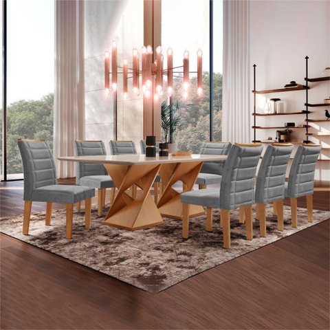 Conjunto Sala de Jantar Genova Tampo Vidro/MDF com 8 Cadeiras Smart Plus