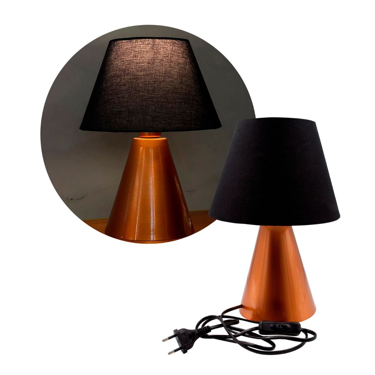 Abajur Luminária Cone de Cobre de Mesa com Cúpula Preto - Bivolt e ...