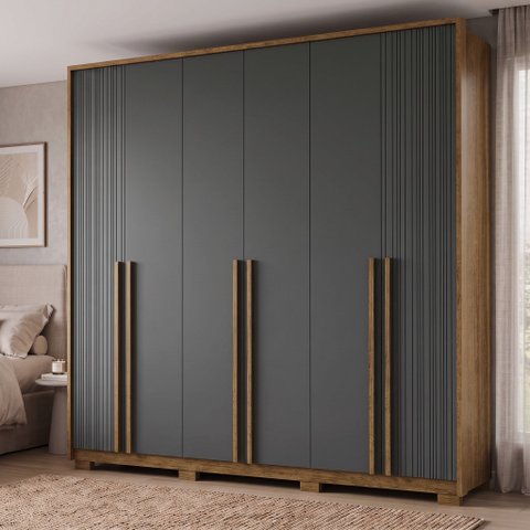 Guarda-Roupa Casal 6 Portas, 4 Gavetas e Pés MDF Atlanta Cinza Cinamomo/Urban