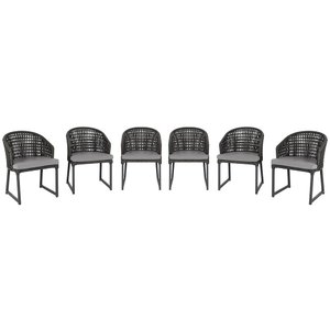 6 Cadeira Noronha Aluminio Micro Pintura Preta, Tr. Telinha Corda Nautica Preta, Estofado - Grafite