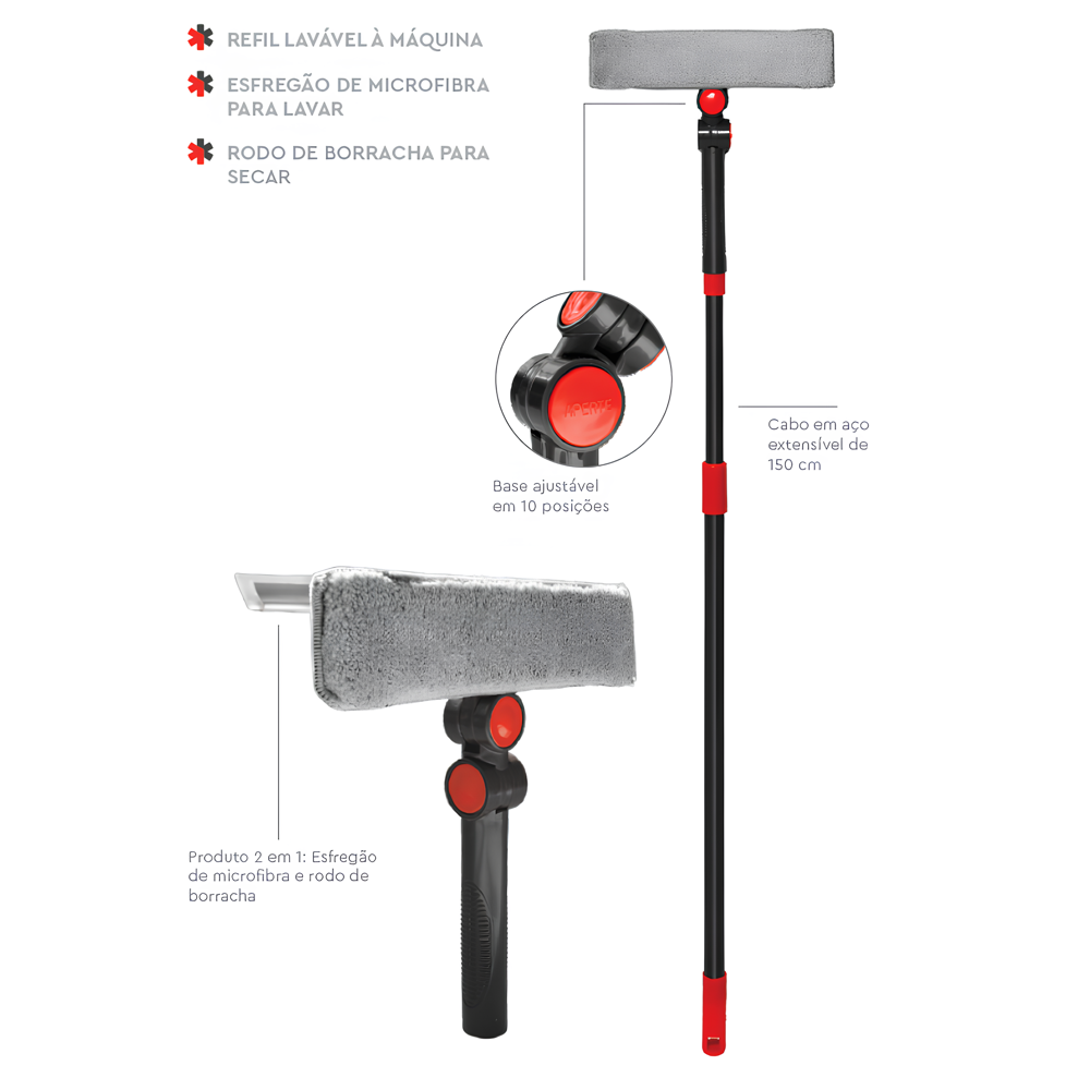 Limpa Vidros 2 em 1 Microfibra Cabo Acoplável 1,5m Esfregão e Rodo - 2
