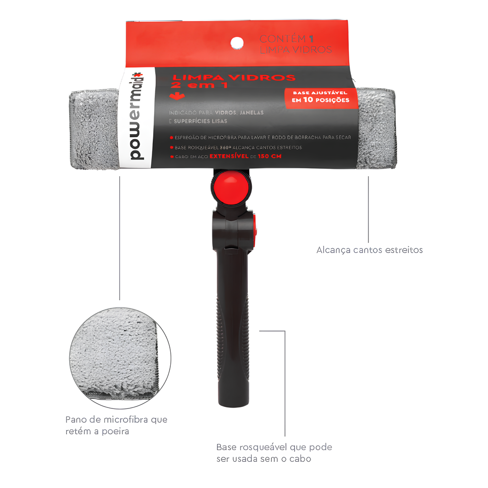 Limpa Vidros 2 em 1 Microfibra Cabo Acoplável 1,5m Esfregão e Rodo - 3